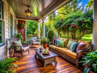 Fototapeta premium Cozy house porch with inviting seating and greenery, perfect for relaxation and outdoor enjoyment
