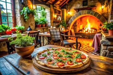 Fototapeta premium Cozy Italian Pizzeria with Freshly Baked Pizza, Rustic Decor, and Authentic Culinary Vibe