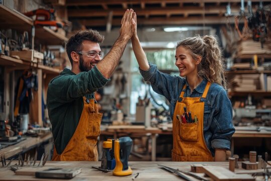 Two young adults sharing high-five in well-equipped woodworking workshop surrounded by various tools and equipment, displaying teamwork and positive, Generative AI