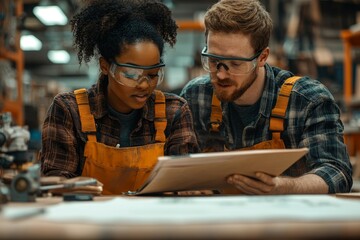 African American woman and Caucasian man working together on project in woodworking shop. Wearing safety gear and engaged in discussion while reviewing plans on, Generative AI