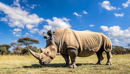 Obraz premium Majestic rhinoceros grazing peacefully in lush grasslands showcasing the beauty of wildlife in its natural habitat.