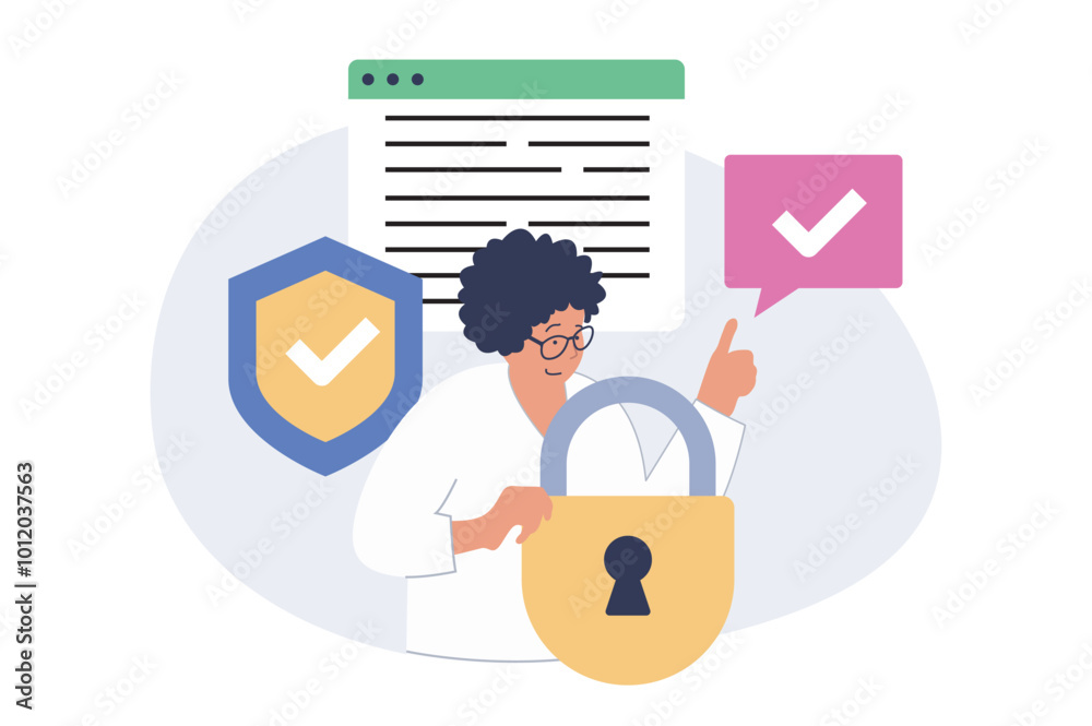 Leinwandbilder cyber security concept in modern flat design for web. woman using protective system with locking acc