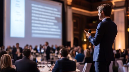 Professional speaker at a business conference delivering a presentation to a diverse audience in a modern auditorium setting.
