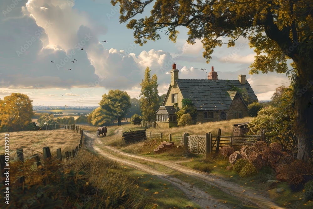 Aufkleber a serene countryside scene of a rustic house surrounded by golden fields and gentle hills under a cl