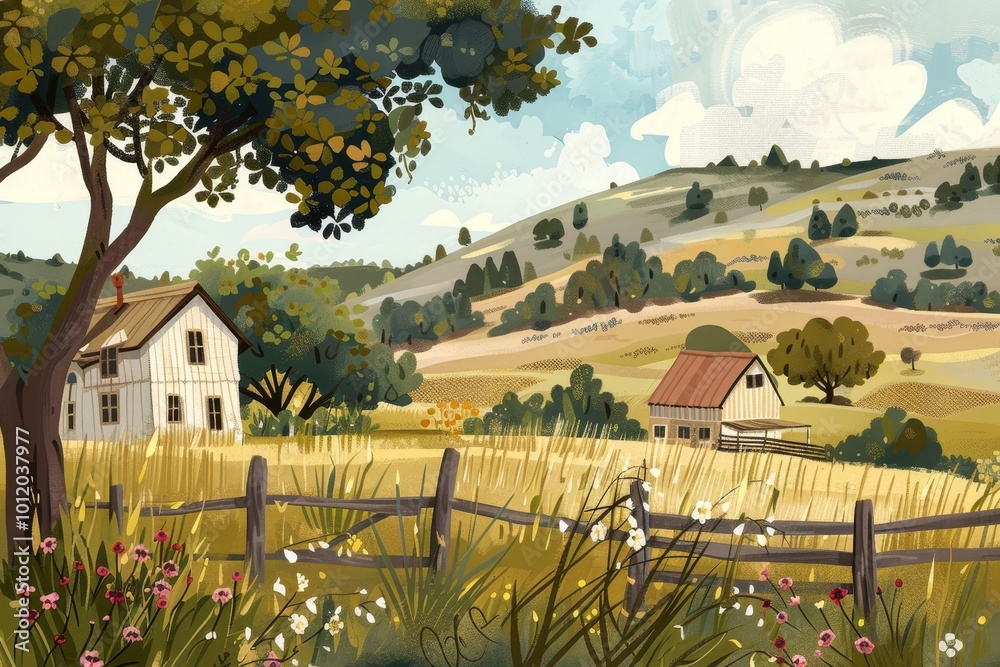 Aufkleber a serene countryside scene of a rustic house surrounded by golden fields and gentle hills under a cl