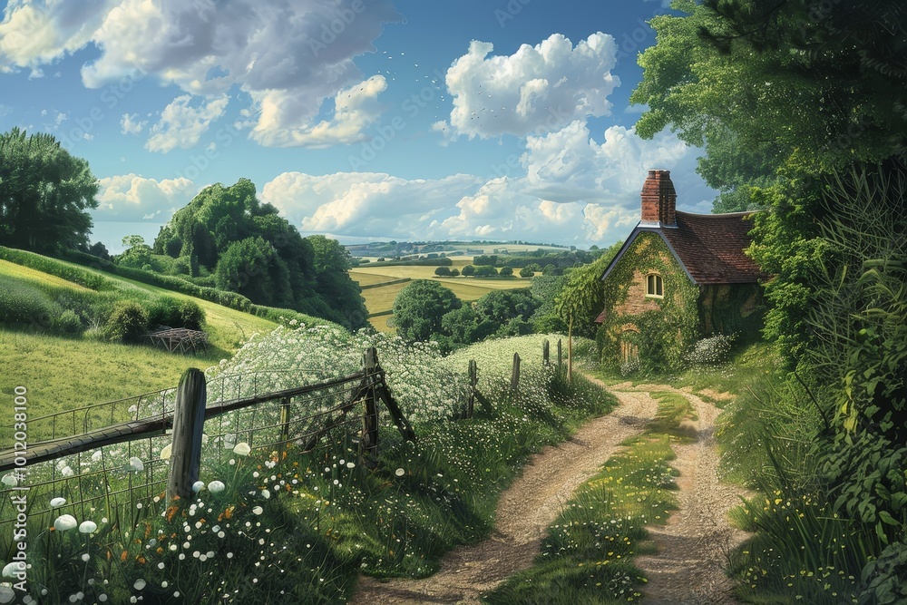 Aufkleber a serene countryside scene of a rustic house surrounded by golden fields and gentle hills under a cl
