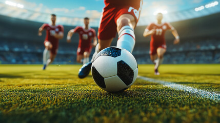 Obraz premium Soccer player kicking ball on field with teammates running in background