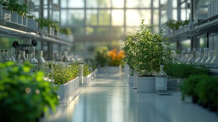 Obraz premium A laboratory with plants and bottles, bathed in sunlight.