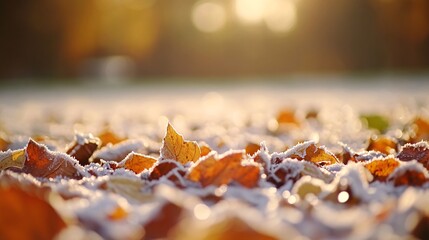 Autumn leaves covered in frost with the sun shining in the background.
