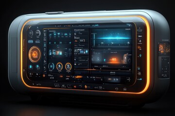 Fototapeta premium Futuristic technology interface with glowing orange accents and various data visualizations.