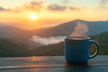 cup of hot tea against the backdrop of mountains during sunset