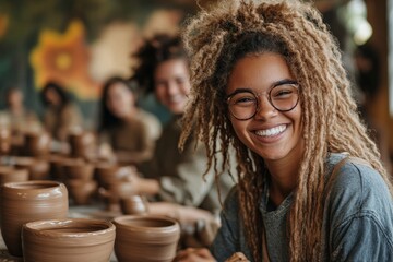 Warm toned portrait of diverse group of people decorating ceramics in pottery workshop, copy space, Generative AI