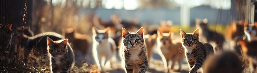 Fototapeta premium Group of cats walking towards the camera with a blurred background, showcasing a mix of tabby and orange cats in a sunny outdoor setting.