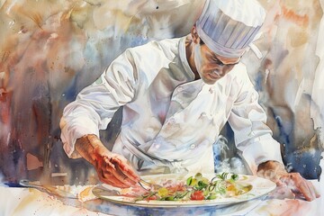 A chef meticulously plating a gourmet dish in a vibrant kitchen setting during a lively dinner service, showcasing culinary artistry and attention to detail