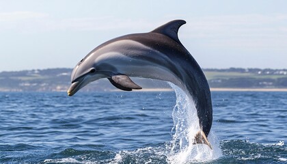 Obraz premium Playful Bottlenose Dolphin Leaping Joyfully Above the Waves in a Moment of Wildlife Wonder