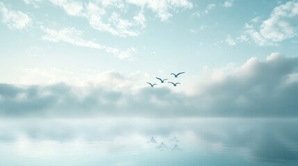Obraz premium Serene sky and calm sea with birds soaring above the clouds, reflecting tranquility and peace in a picturesque nature scene.