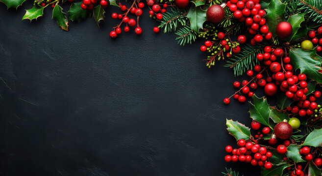 Christmas tree banches and red berries background

