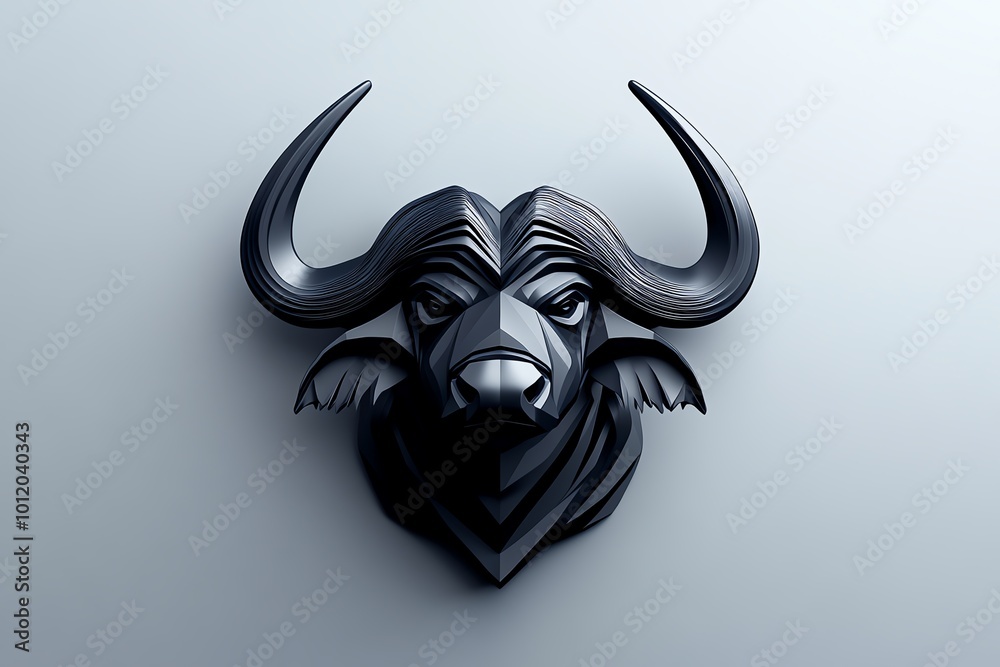 Poster abstract minimalist design of a cape buffalo head, with strong lines and bold shapes symbolizing the