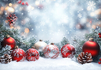 Christmas - Red Ornament On Snow With Fir Branches
