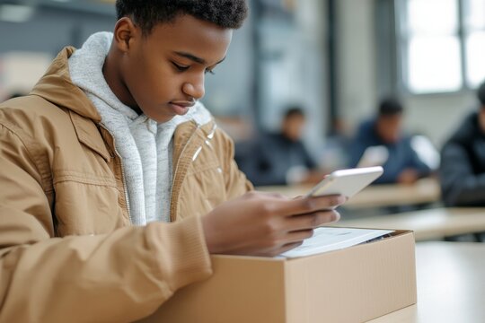 Close up of unrecognizable teenager putting smartphone in box in no gadget classroom at school, copy space, Generative AI