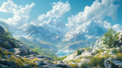 Mountain Landscape with Snow-Capped Peaks and a Serene Lake - Digital Illustration