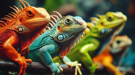 Obraz premium Vibrant iguanas in vivid colors perched on a branch, showcasing their unique patterns and textures in a tropical setting.