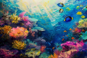 Colorful coral reef teems with vibrant fish in a sunny underwater paradise filled with marine life and rich biodiversity