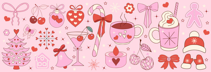 Pink girly coquette christmas set. Merry christmas and happy new year Lovely cute collection, christmas tree decorations with bows, pink ribbon. Vector illustration