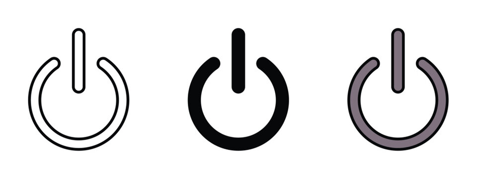 Three Power button icons set silhouette and editable colored in unexpanded vector form, power button icons in outlined, silhouette and editable colored style,