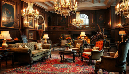 A luxurious living room featuring vintage furniture, chandeliers, and autumn decor. The cozy atmosphere is highlighted by pumpkins and rich, warm colors. Perfect for fall interior design inspiration.