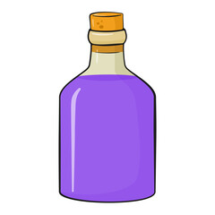 Bottle with cork and purple liquid. Cartoon. Halloween decoration