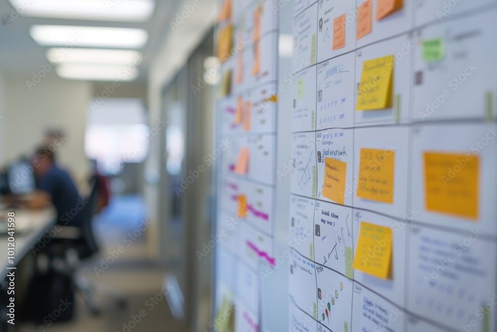 Leinwandbilder team collaboration at a modern office space with a detailed project management board covered in colo