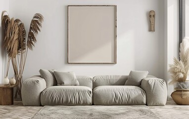 A couch with pillows and a Blank horizontal poster frame mock on the wall