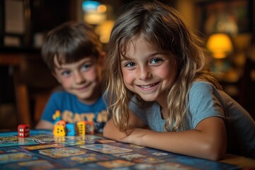 Fototapeta premium A smiling young girl and her brother look at the camera while playing a board game.