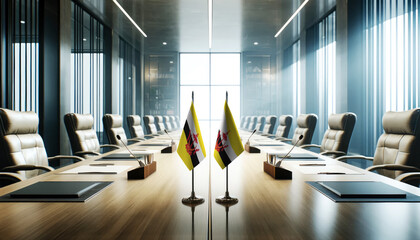 A modern conference room with Brunei and Brunei flags on a long table, symbolizing a bilateral meeting or diplomatic discussions between the two nations.