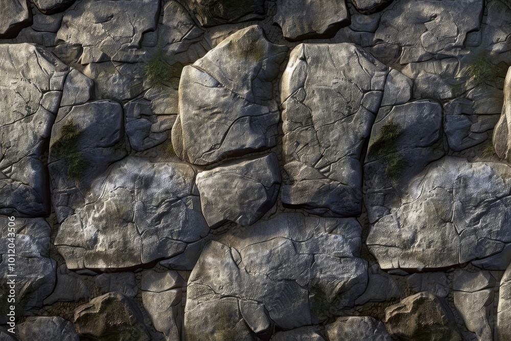 Aufkleber textured stone wall with uneven rock formations showcasing natural details and shadows in a dimly li