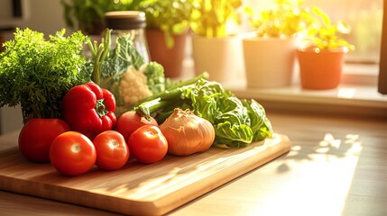 Fresh vegetables on a wooden cutting board in a kitchen setting.