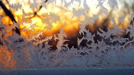 Frost patterns on a window pane with a sunset in the background.