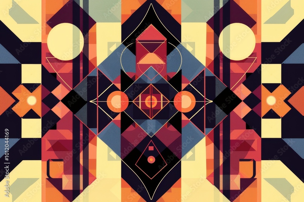 Poster Abstract geometric pattern featuring vibrant orange and dark hues, created through intricate shapes and lines, showcasing layers and depth in a modern artistic design