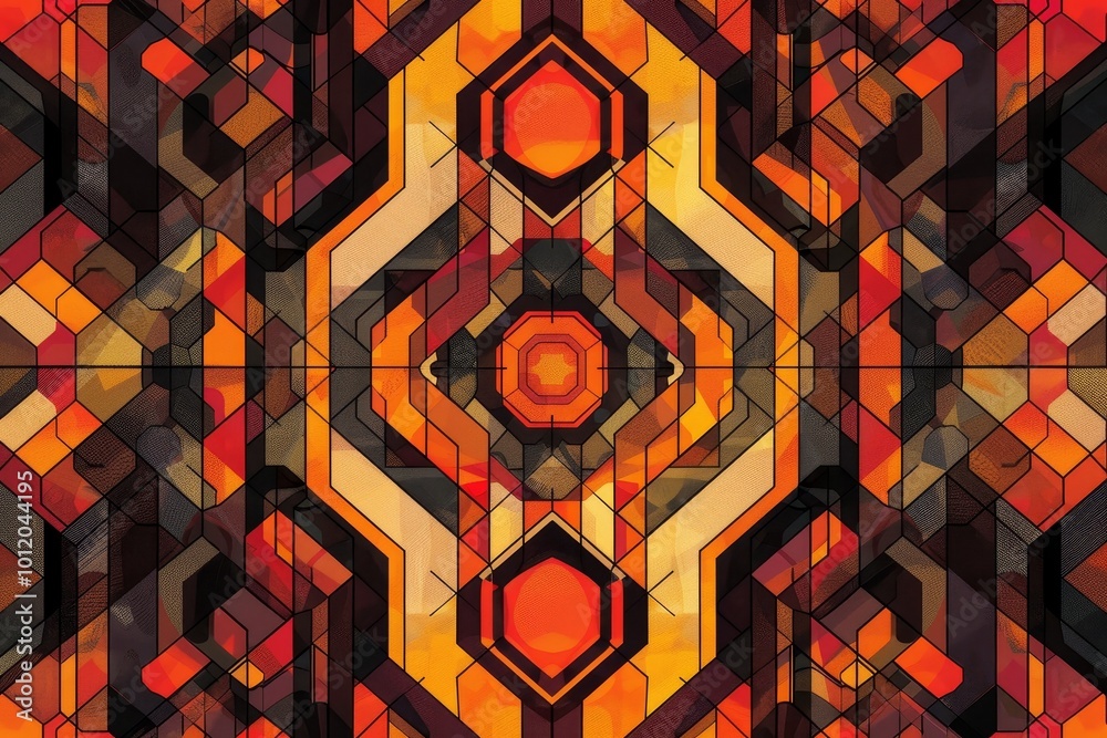 Poster abstract geometric pattern featuring vibrant orange and dark hues, created through intricate shapes 
