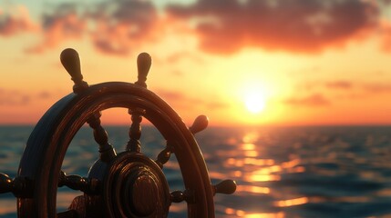 3D Rendering of a Ship Steering Wheel at Sunset. AI generated illustration