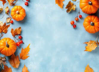 Obraz premium Autumn background with pumpkins, leaves, and berries on a light blue pastel color background, top view. Greeting card for a happy, cozy concept. Copy space banner. Autumn composition.