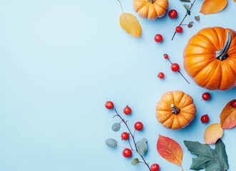 Autumn background with pumpkins, leaves, and berries on a light blue pastel color background, top view. Greeting card for a happy, cozy concept. Copy space banner. Autumn composition.