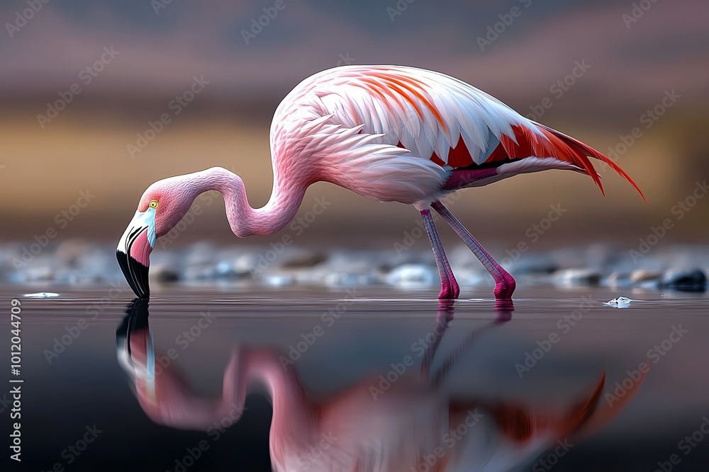 Poster abstract minimalist design of a flamingo on lake nakuru, using soft pink tones and geometric shapes 