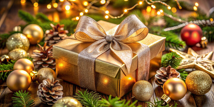 A beautifully arranged Christmas gift box wrapped in shiny paper and a big bow, surrounded by festive decorations.