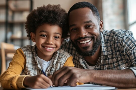 Portrait of smiling African-American father helping son with homework while studying at home, copy space, Generative AI - Powered by Adobe