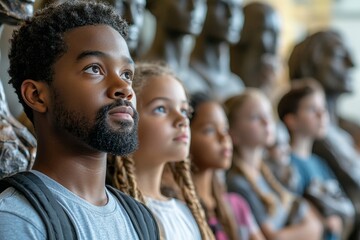 Diverse group of school children listening to teacher or tour guide while looking at sculptures, Generative AI