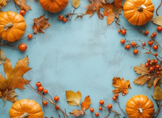 Autumn background with pumpkins, leaves, and berries on a light blue pastel color background, top view. Greeting card for a happy, cozy concept. Copy space banner. Autumn composition.