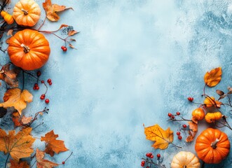 Obraz premium Autumn background with pumpkins, leaves, and berries on a light blue pastel color background, top view. Greeting card for a happy, cozy concept. Copy space banner. Autumn composition.