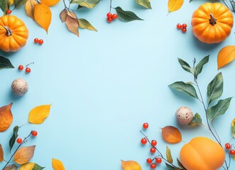 Autumn background with pumpkins, leaves, and berries on a light blue pastel color background, top view. Greeting card for a happy, cozy concept. Copy space banner. Autumn composition.
